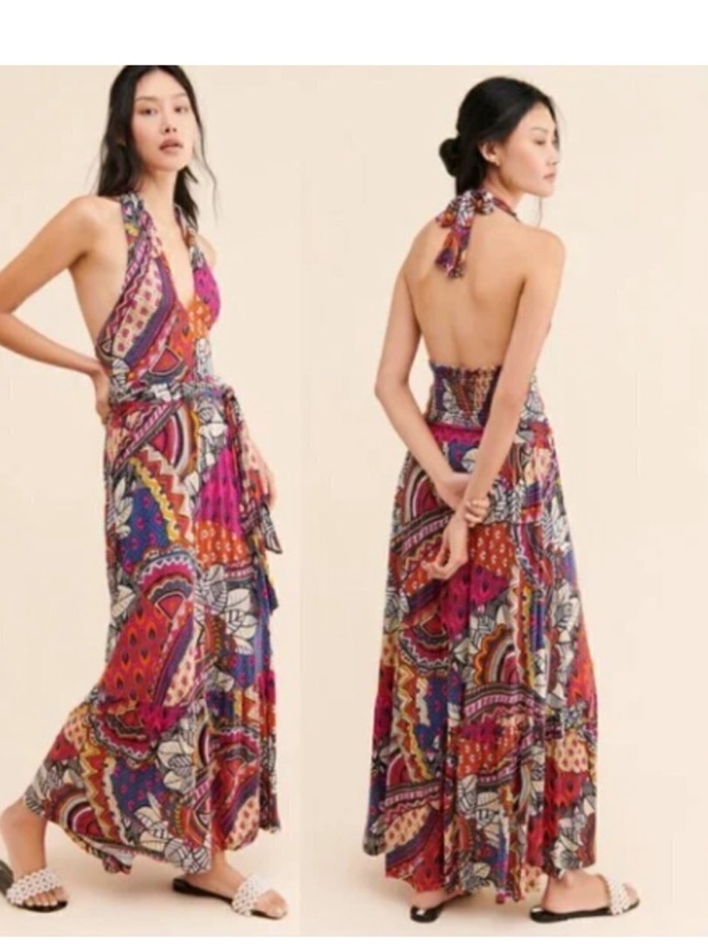 Maeve multi color geometric patterned bohemian maxi halter backless dress